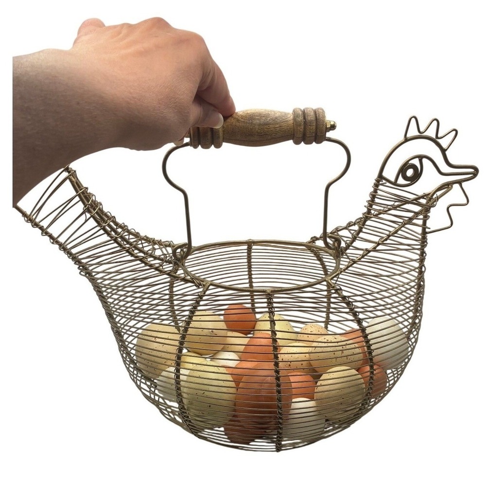 Hen Egg Basket 13x9.5" Wooden Handle Bronze Wire Farmhouse Rustic Chicken Decor